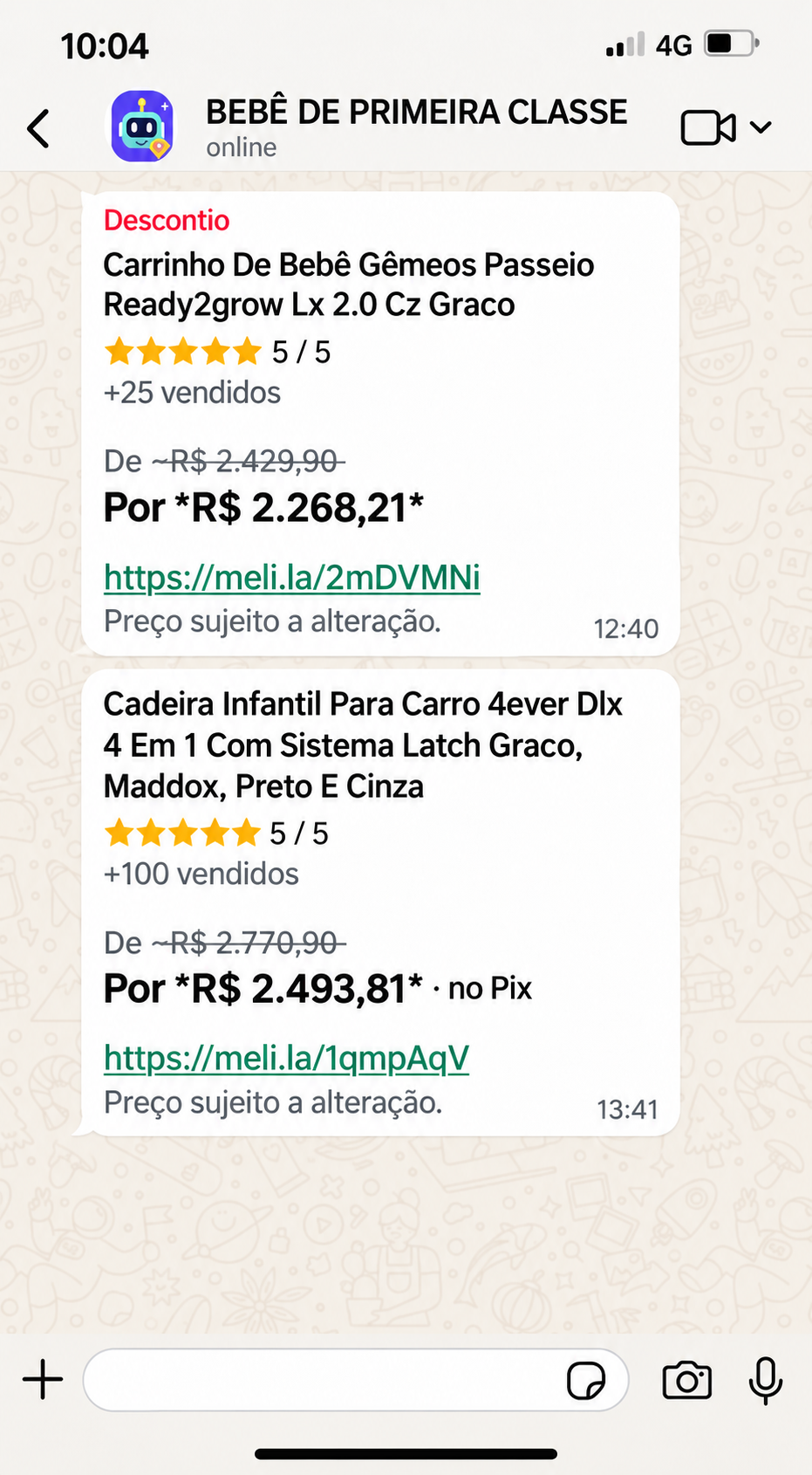 Exemplo de conversa do grupo Bebê de Primeira Classe com ofertas de um carrinho para gêmeos e uma cadeirinha para carro, com avaliações, preços e links para os anúncios.